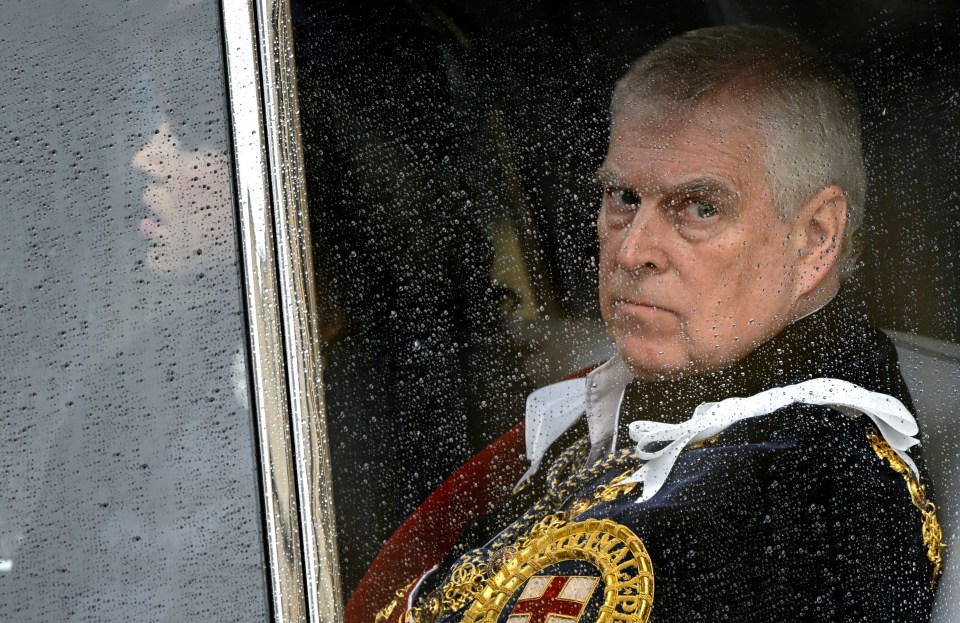 Prince Andrew seen through a rain-covered window.