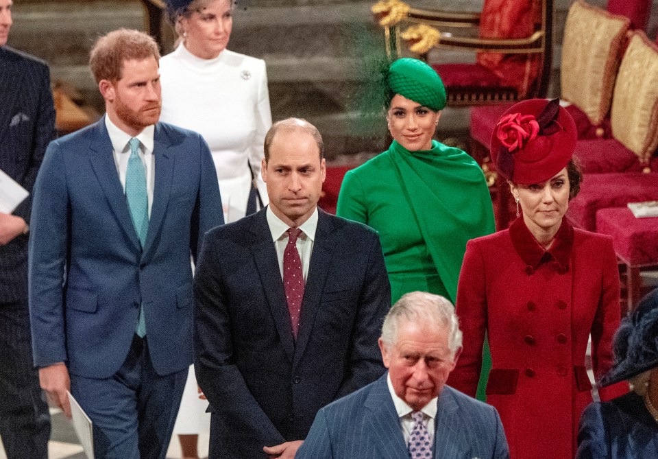Prince Charles, Prince William, Catherine, Duchess of Cambridge, Prince Harry, and Meghan, Duchess of Sussex at the Commonwealth Service.