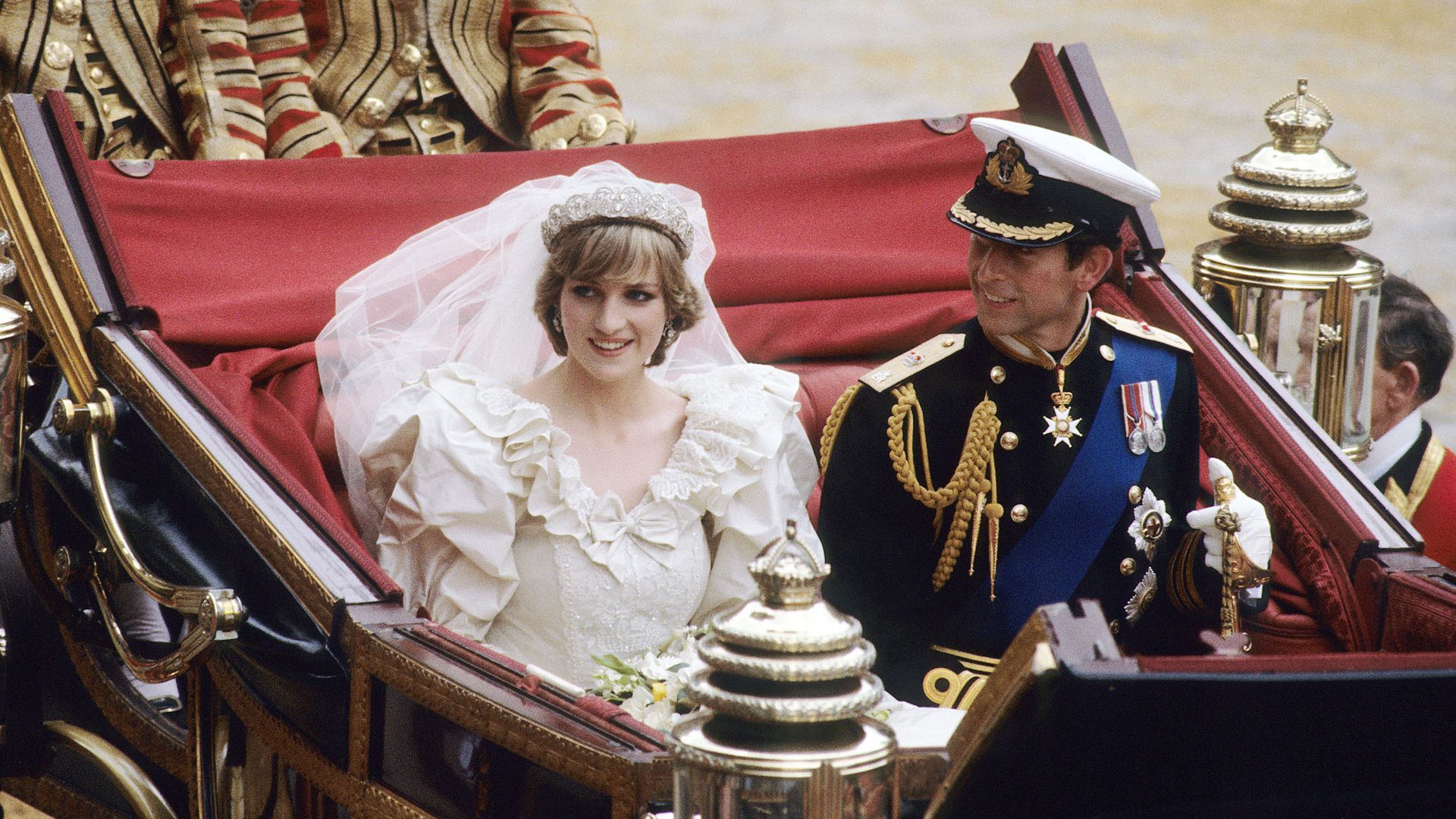 Diana, Princess of Wales, wearing a wedding dress designed by David and Elizabeth Emanuel and the Spencer family tiara