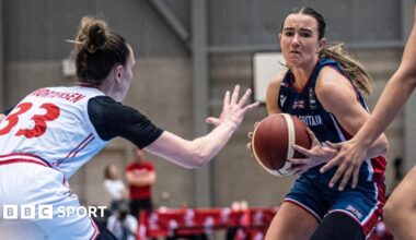 A GB player holds the basketball during the game against Denmark