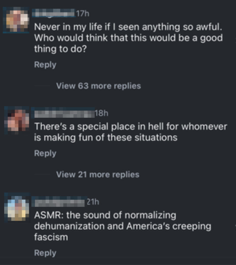 Three comments discussing negative reactions to a video: disbelief, condemnation, and criticism of dehumanization
