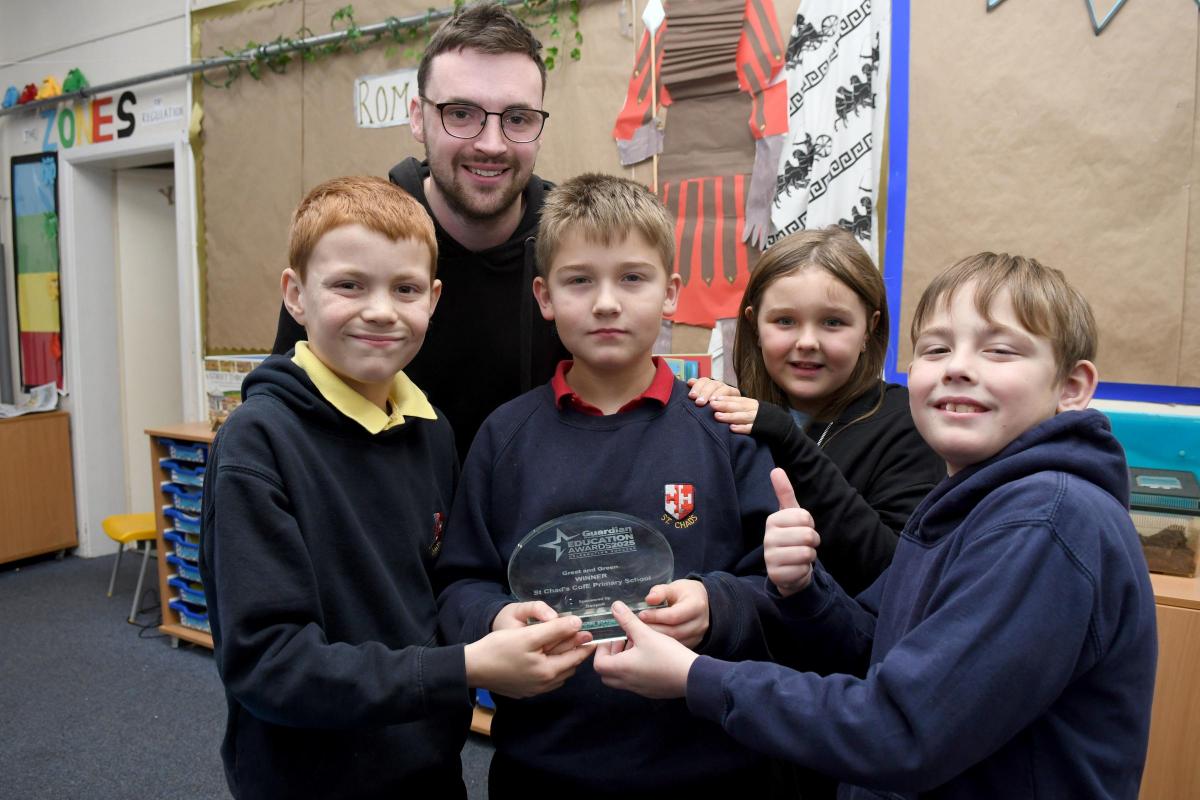 Great and Green Award winners St Chad's CofE Primary School - Haydn Bettles, lead outdoor learning teacher, and some of the pupils
