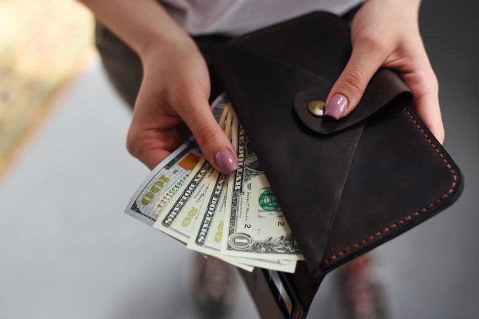 Woman's hands holding a leather wallet with US dollar bills.