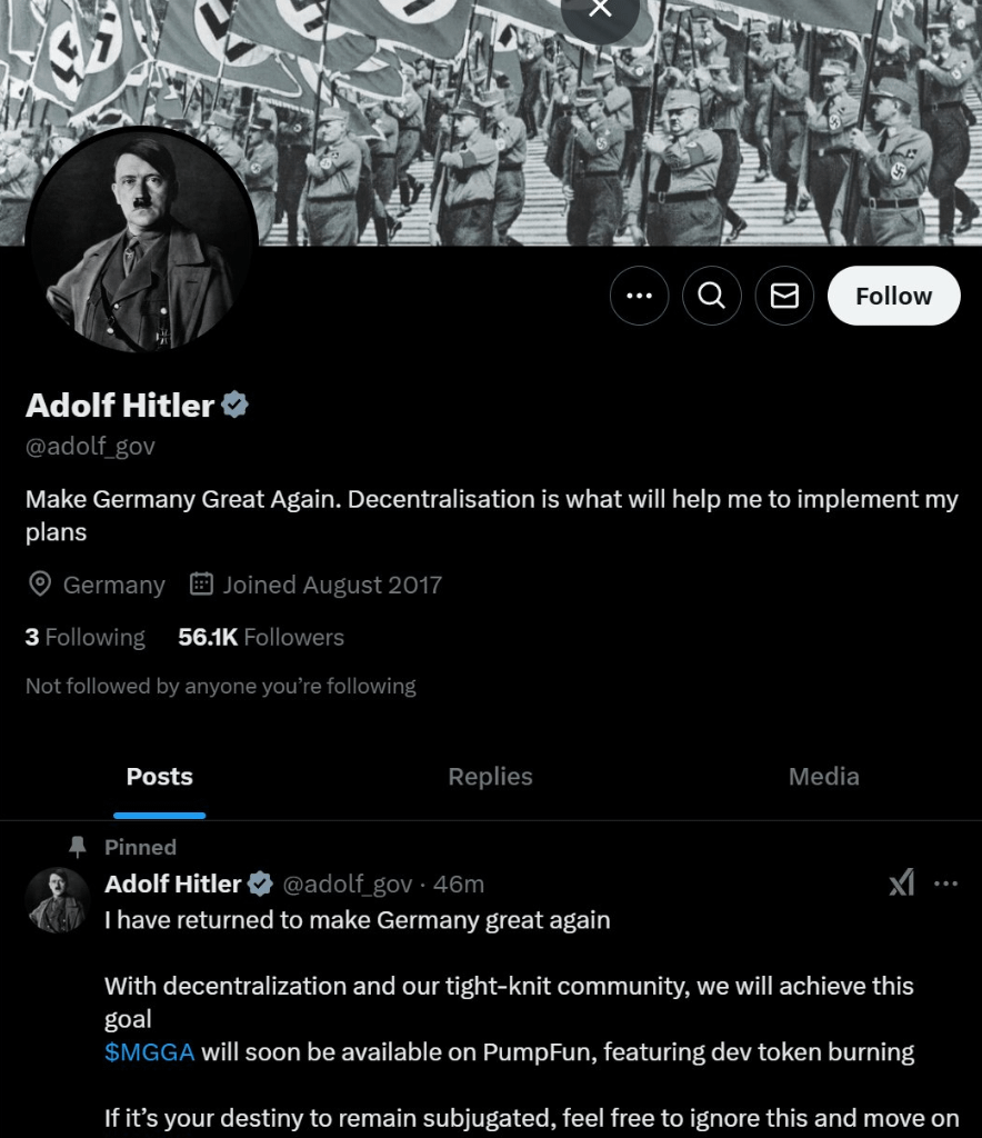 Hans? Why is there now grey verified account of Hitler on that shit website