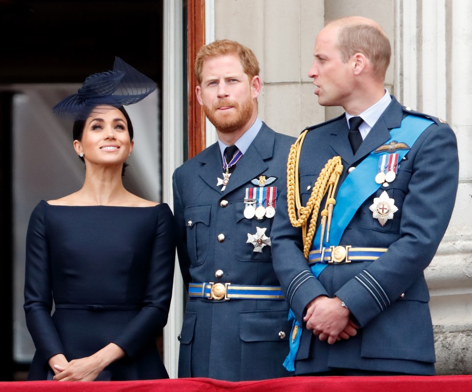 Meghan, Duchess of Sussex, Prince Harry, Duke of Sussex, and Prince William, Duke of Cambridge at the RAF centenary flypast.
