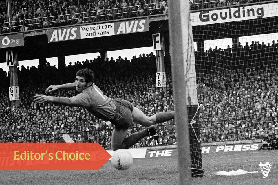 Paddy Cullen makes a crucial penalty save from Liam Sammon of Galway during the 1974 All Ireland football final