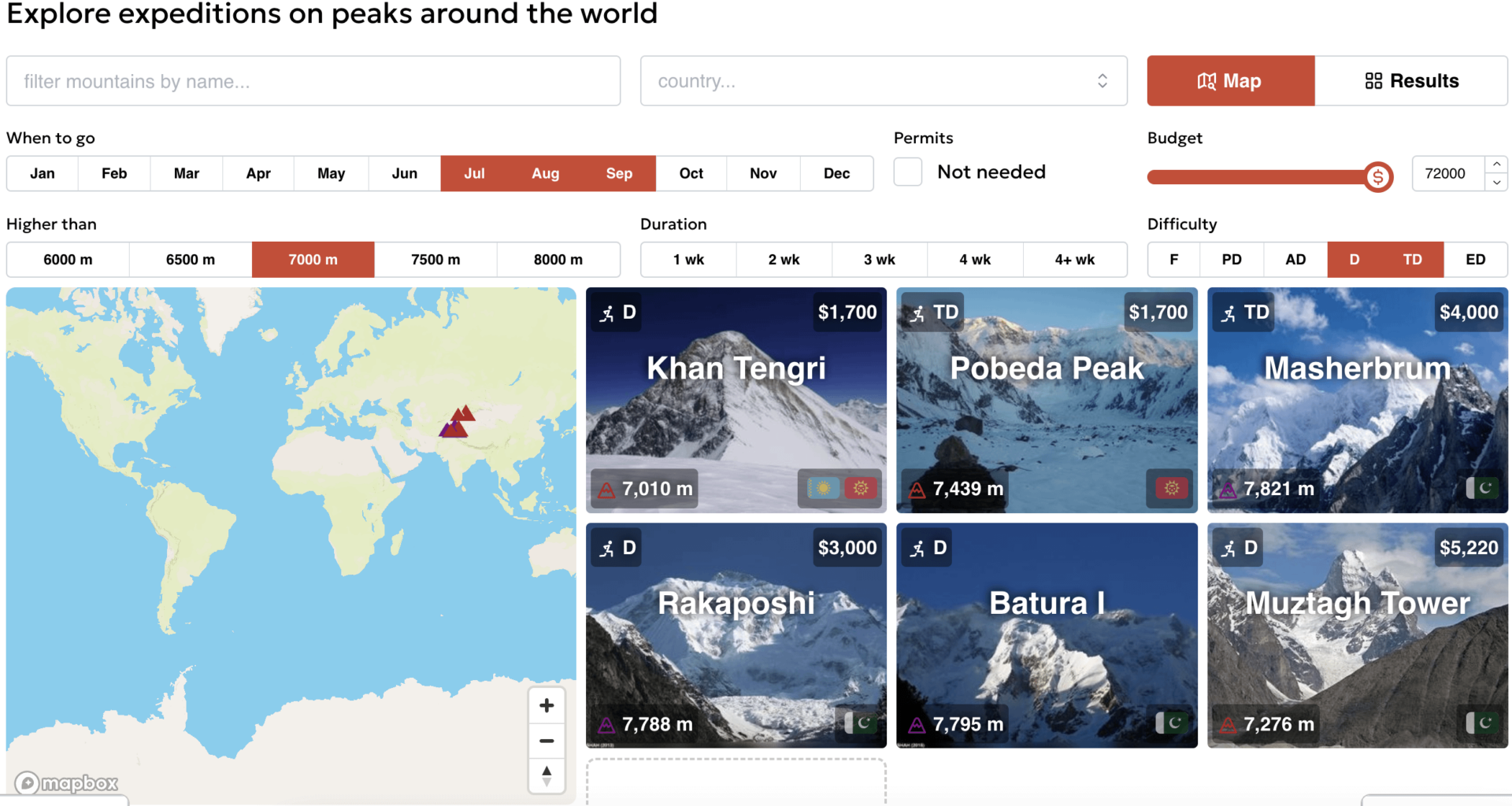 [OC] I combined data (difficulty, weather, permits, location, time to climb, prices, reviews) on 152 BIG mountains to make a UI for finding expeditions as a climber