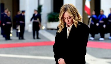 Italian Prime Minister, Giorgia Meloni, waits in the courtyard for the President of the Slovak Republic, Peter Pellegrini at Palazzo Chigi on January 14, 2025 in Rome, Italy.
