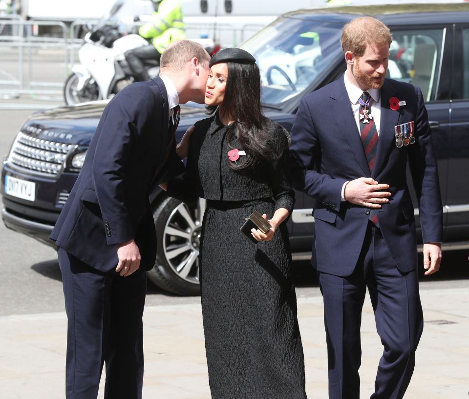 Prince William greeting Meghan Markle and Prince Harry at Westminster Abbey.