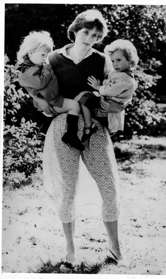 Princess Diana holding two young children.