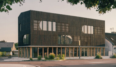 dark shousugiban wood facade wraps creative hub in rural france
