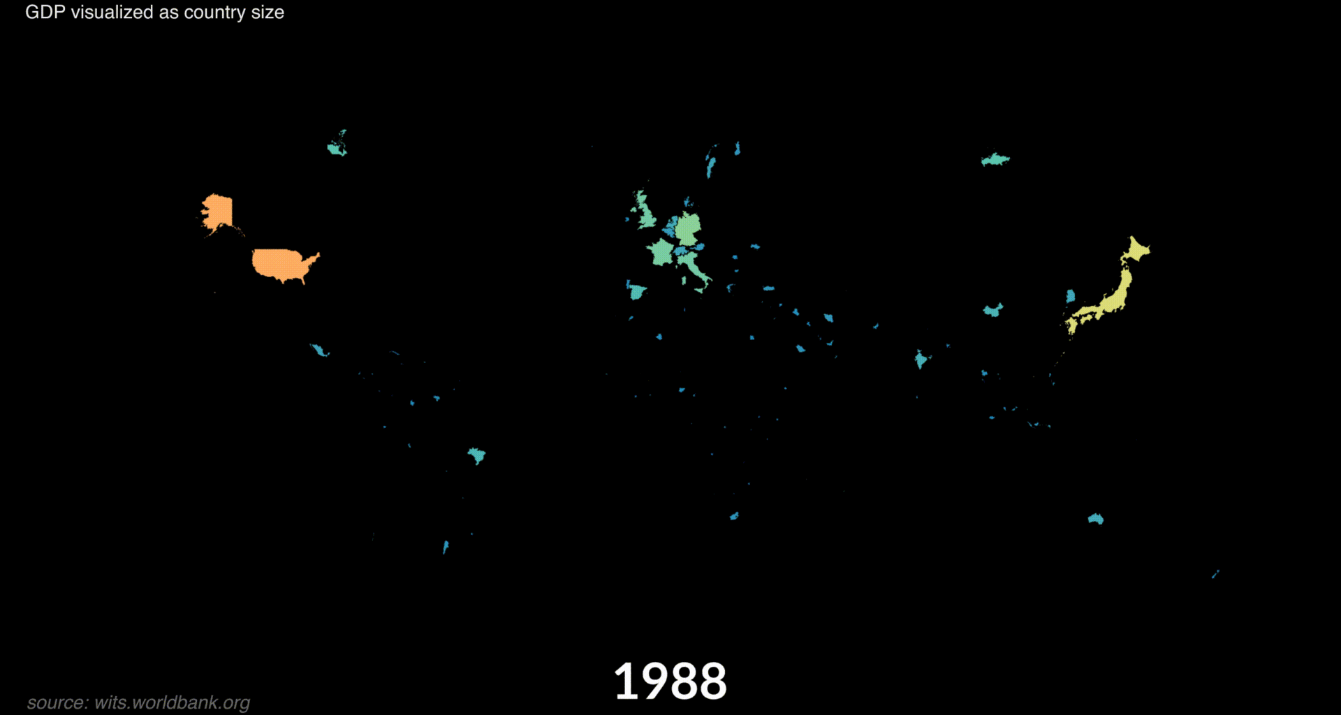 [OC] GDP as country size, 1988-2022