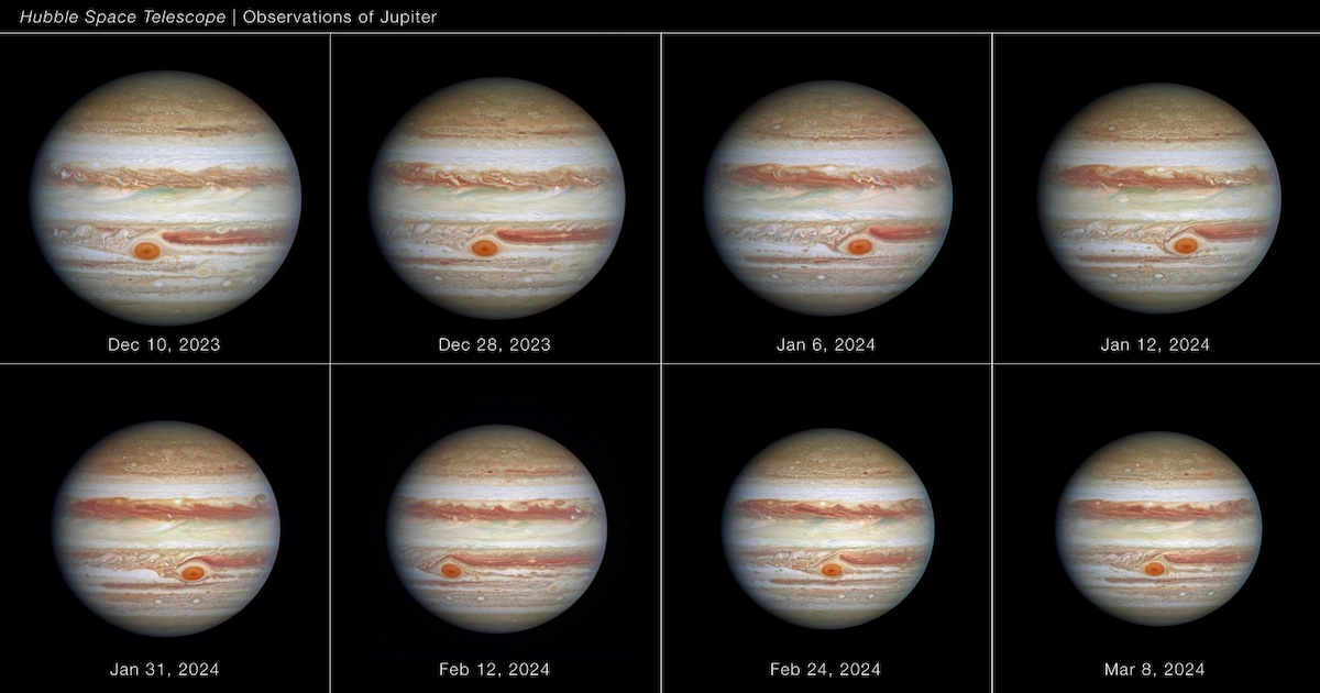 hubble jupiter 8panel 2024oct09 stsci 01j9452hkd789drcanamg1jhkv copy New Images From The Hubble Space Telescope Reveal Unexpected Behavior From Jupiters Giant Red Spot