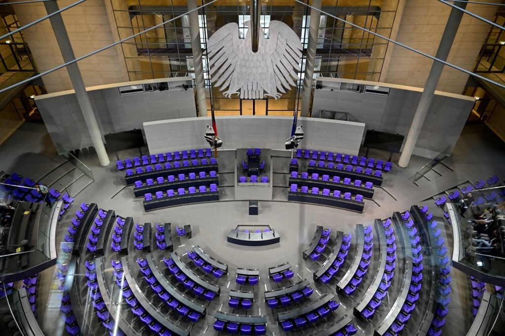 This general overview shows the plenary hall of the German Bundestag in Berlin This general overview shows the plenary hall of the German Bundestag in Berlin