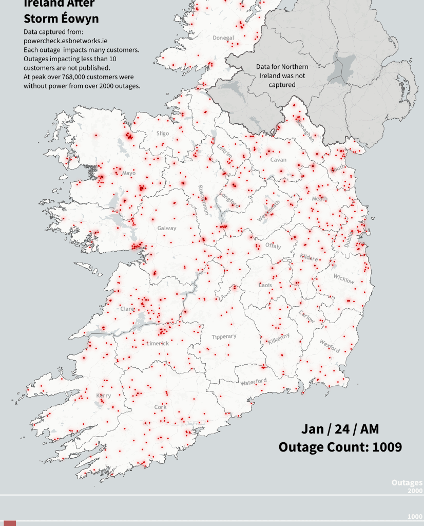 [OC] Storm Éowyn Power Outages in Ireland Over Time