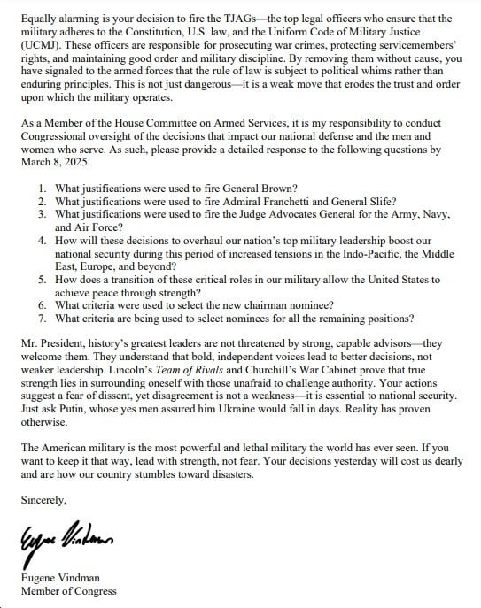 Rep. Eugene Vindman (D-VA07) Sends Letter to Trump Demanding Justification for Firing Top Military Leadership, Urges Return to Prioritizing National Security
