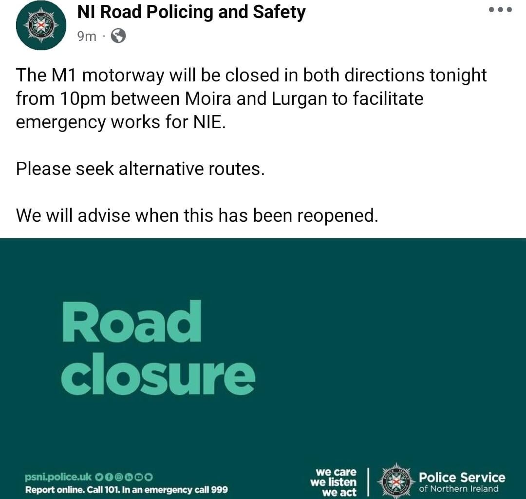 M1 Closure tonight Lurgan <-> Moira for NIE emergency works