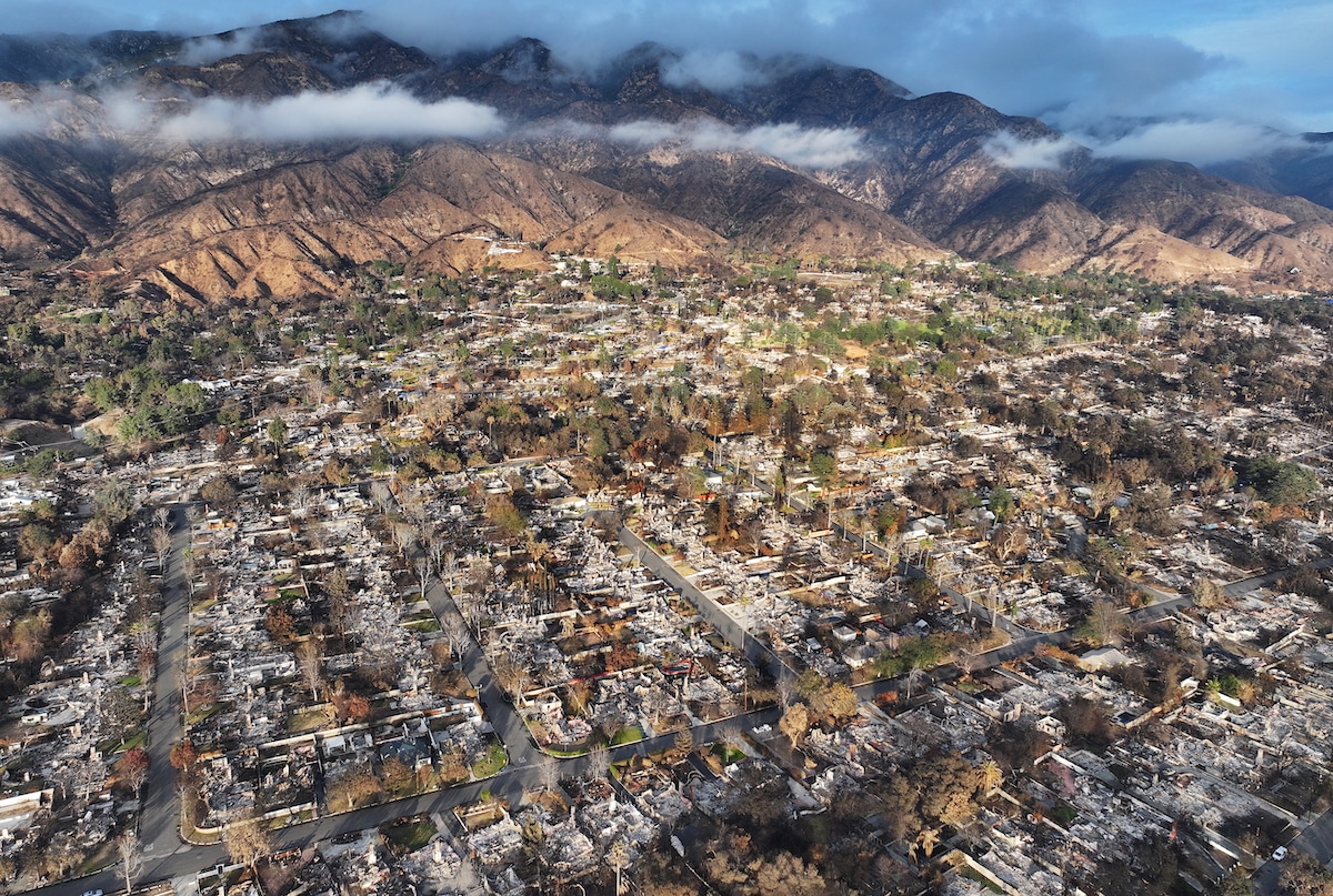 An aerial view shows homes burned in the Eaton Fire in Altadena, California