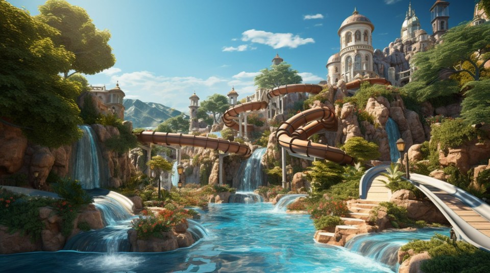 Illustration of a water park with waterfalls and water slides integrated into a rocky landscape with buildings.