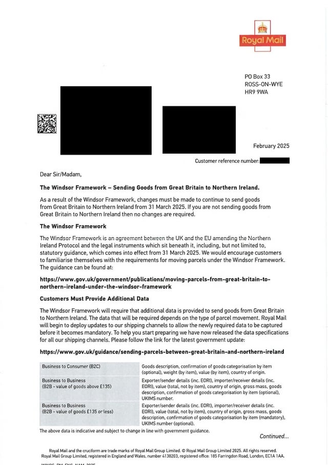 Royal Mail has sent a letter about the Windsor Framework to businesses