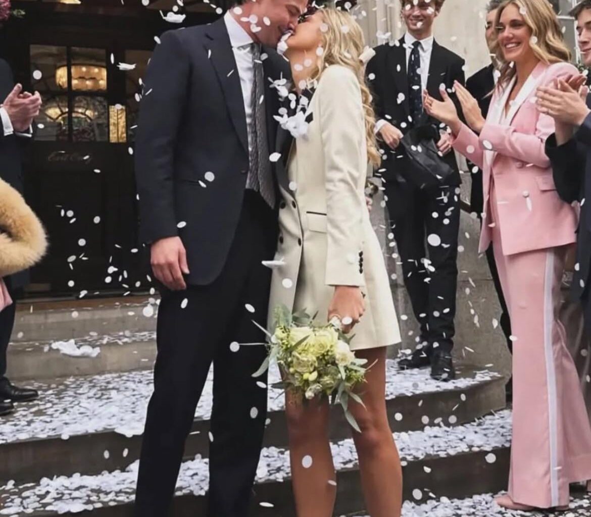 Congratulations! Phoebe Knatchbull, cousin of Prince William and Prince Harry, has tied the knot in London – wearing a suit made by her sister!