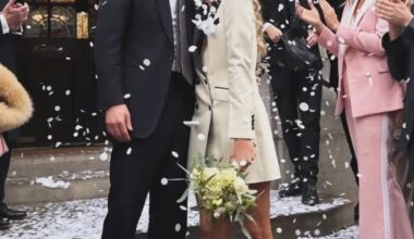Congratulations! Phoebe Knatchbull, cousin of Prince William and Prince Harry, has tied the knot in London – wearing a suit made by her sister!