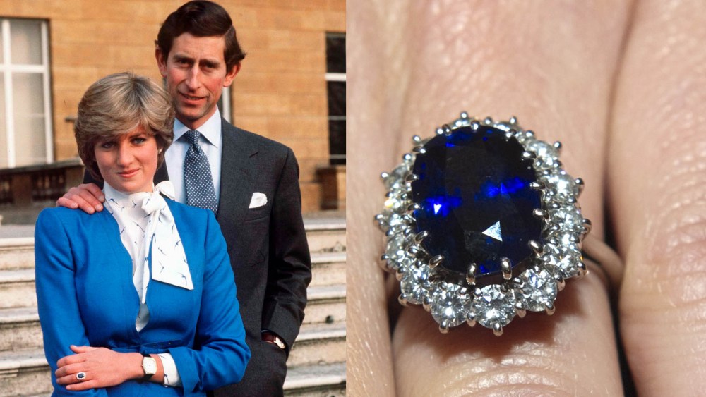 Lady Diana Spencer and then Prince Charles during their engagement announcement, princess diana Ceylon sapphire engagement ring, kate middleton engagement ring