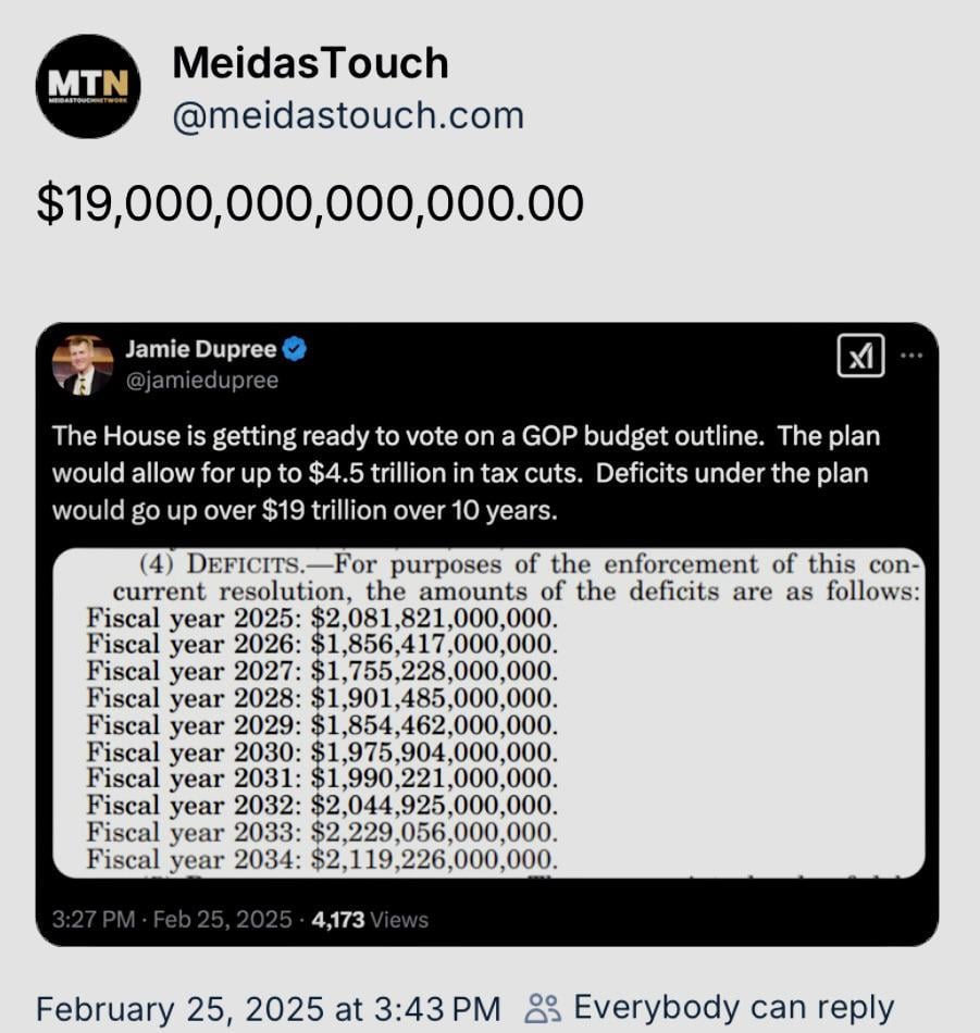 $19 trillion more in debt. These MAGATS are adding even more to it. Every Democratic congressperson should be advocating loudly for a balanced budget!