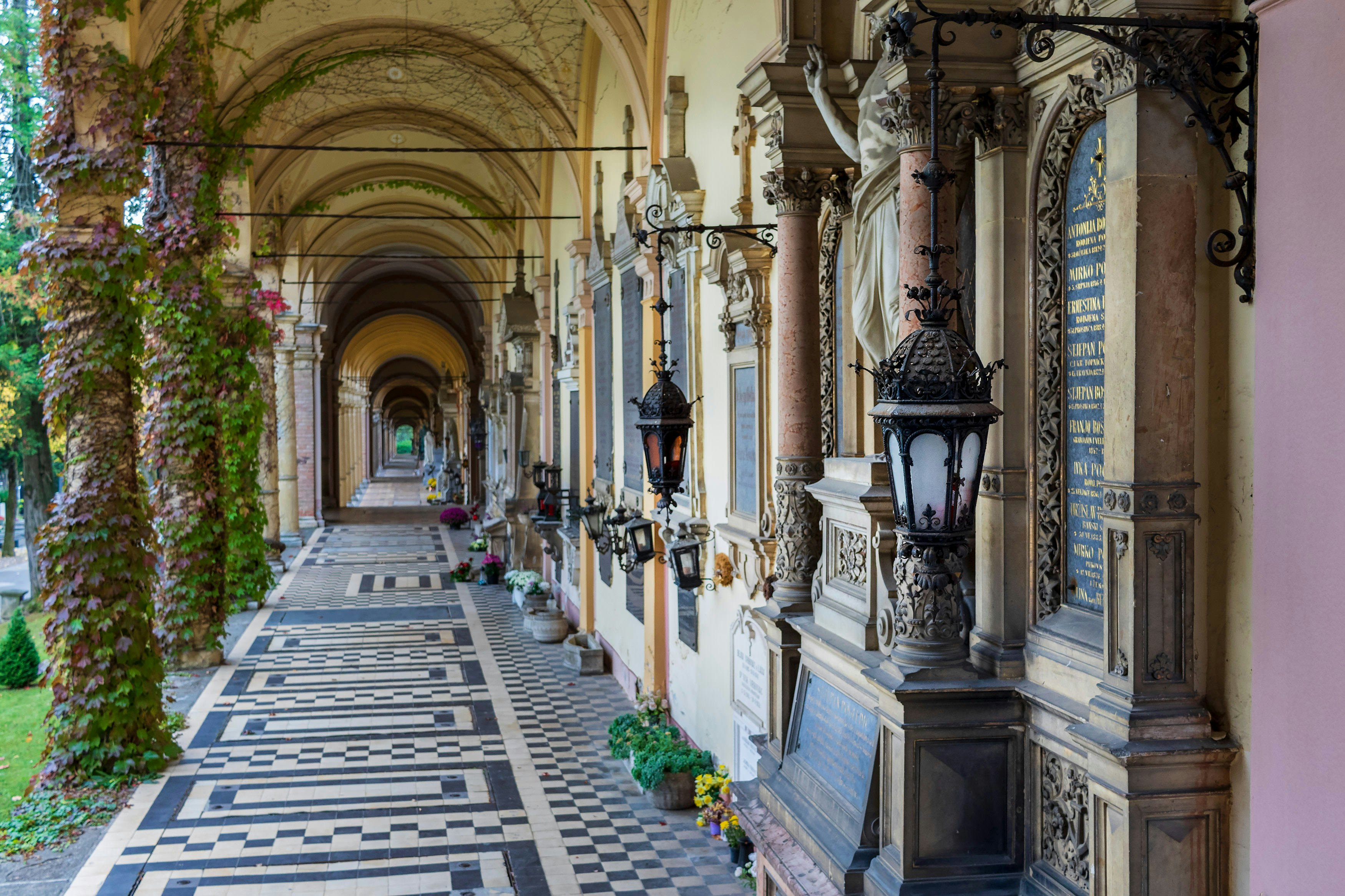 A long covered walkway in Mirogoj cemetery in Zagreb.