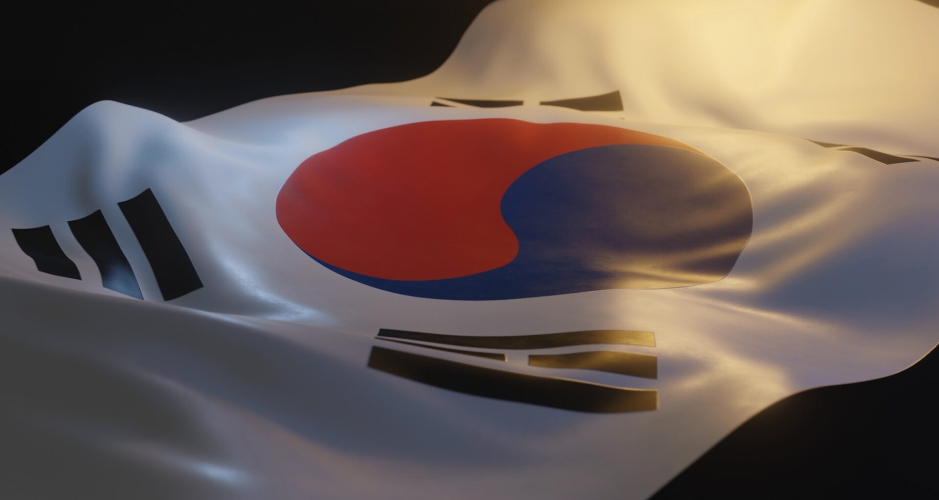 South Korea Flag Close up with Warm Lighting on Black Background