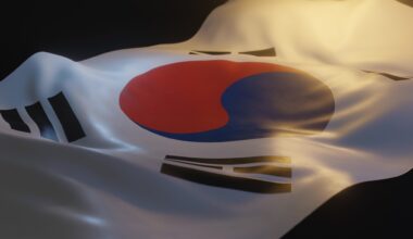 South Korea Flag Close up with Warm Lighting on Black Background