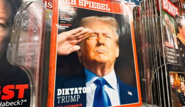 The hero object from the latest Der Spiegel German magazine featuring a cover image of Donald Trump saluting with the headline Dictator Trump.