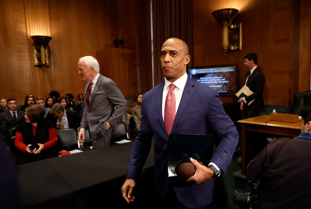 President-elect Donald Trump's nominee to be Secretary of Housing and Urban Development Eric Scott Turner arrives to testify at his Senate Banking, Housing, and Urban Affairs confirmation hearing at the Dirksen Senate Office Building on January 16, 2025 in Washington, DC.
