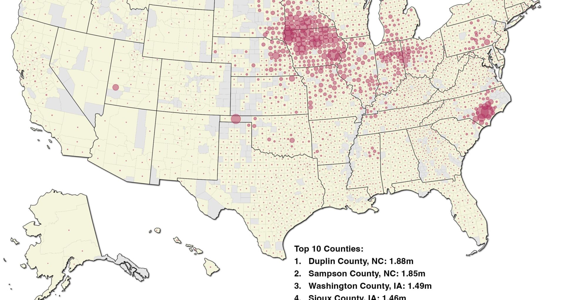 [OC] Number of Hogs by County in the US