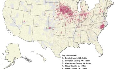 [OC] Number of Hogs by County in the US