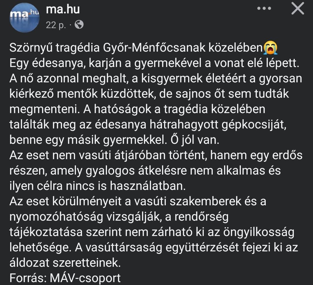 Vonat gázolt egy anyát, karjában a gyermekével.