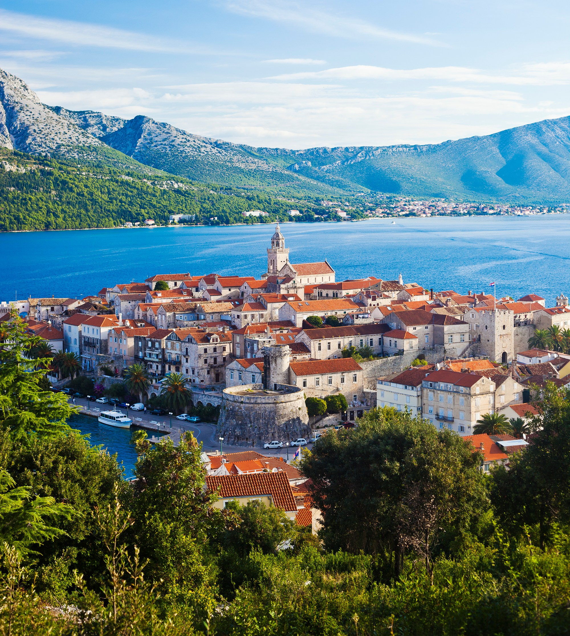 Aerial view of Korcula Old Town on Korcula Island, Croatia.
