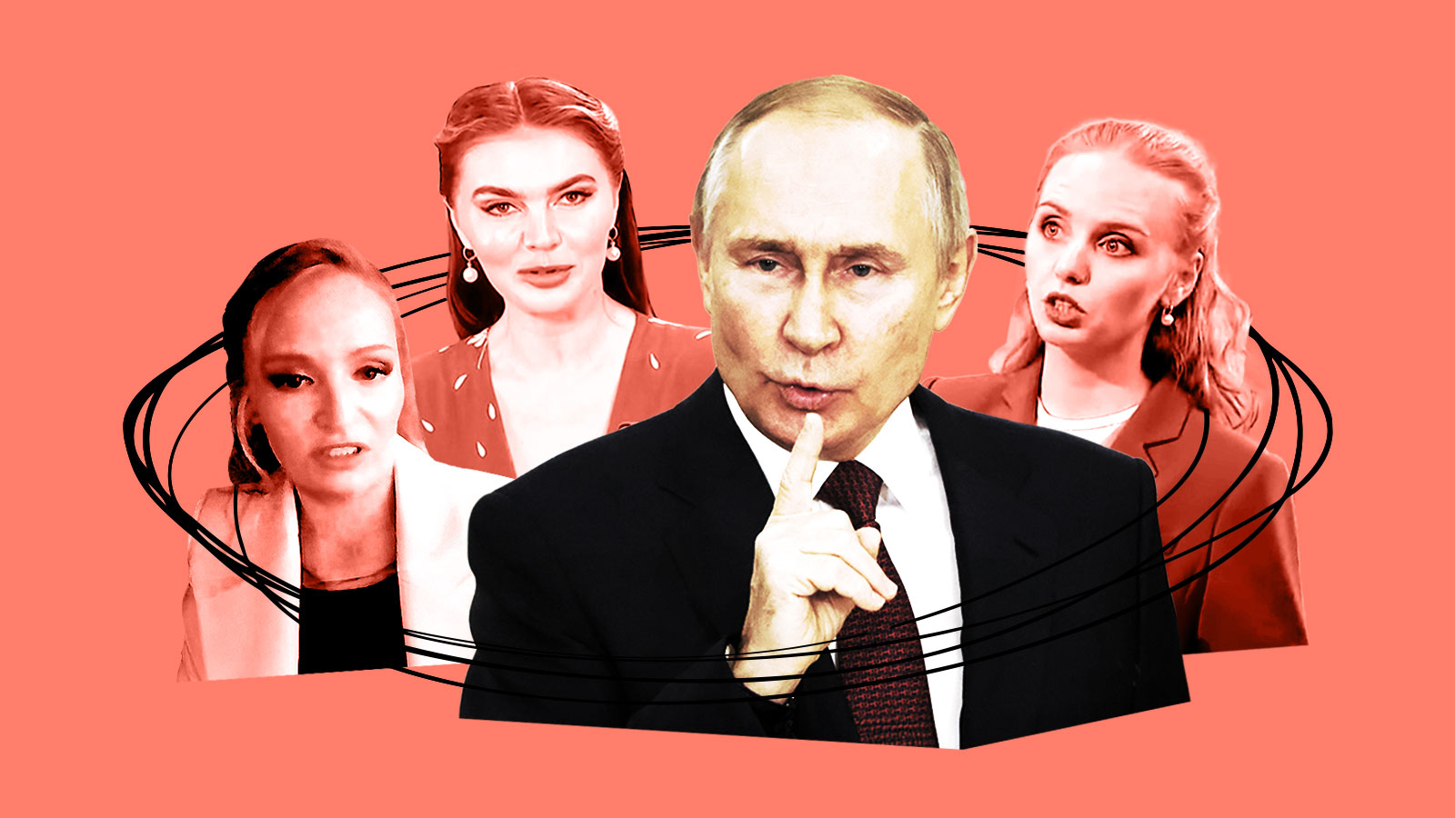 Illustration of Vladimir Putin with three women.