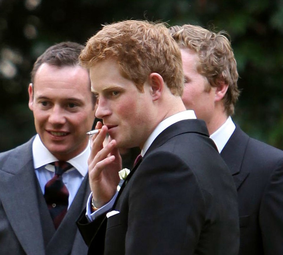 Prince Harry smoking at a wedding.