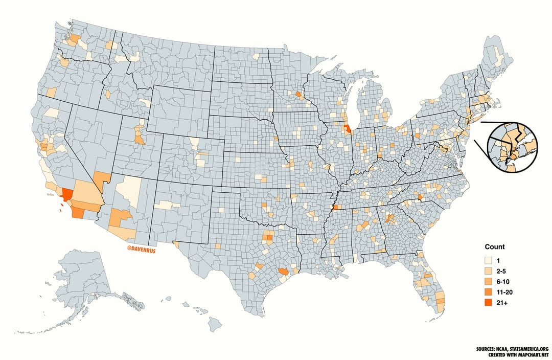 [OC] The Hometown of Every American Player in the 2025 Men's March Madness Tournament by County/Parish