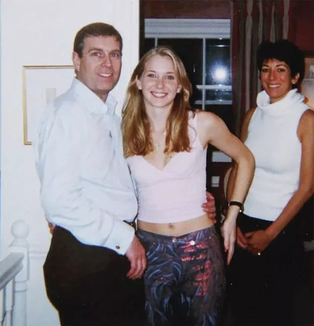 Prince Andrew, Virginia Giuffre and Ghislaine Maxwell posing for a photo