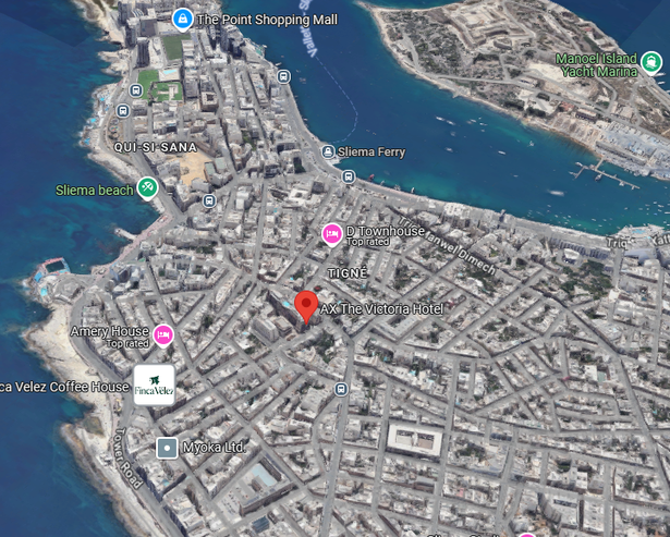 Location of the Victoria hotel in Sliema, Malta