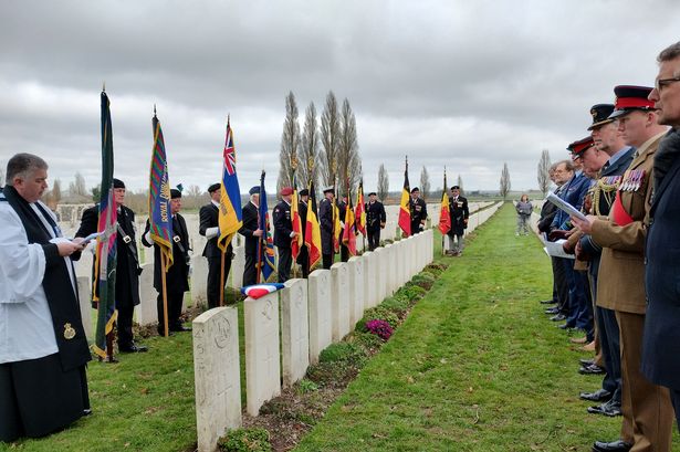 Undated handout photo issued by the Ministry of Defence (MOD) of the Rev Paul Robinson CF conducting the rededication service for Lance Corporal Baron. Lance Corporal James Ball Baron MM, who had been serving with the 43rd Machine Gun Corps when he died aged 29 on August 24, 1917, during a German counterattack on a position near Hooge, is one of three previously unknown soldiers whose graves were rededicated in a service on Wednesday, having been identified more than a century after they fell. Issue date: Wednesday March 26, 2025.
