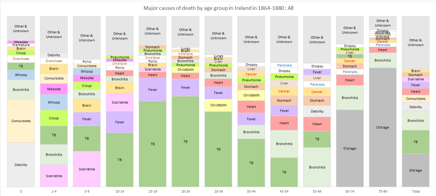 Custom chart of causes of death in Ireland 1864-1880 [OC]