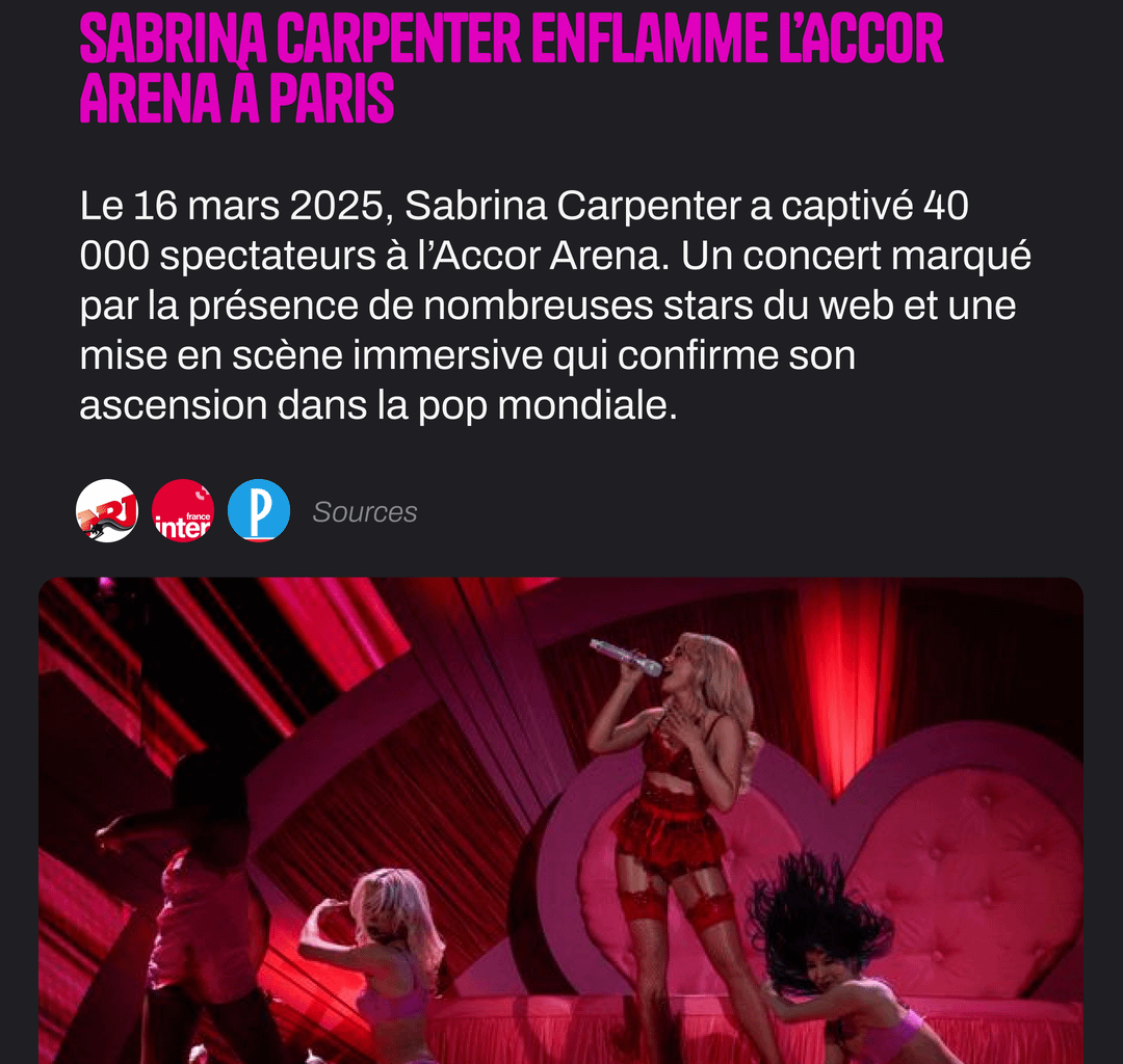 Sabrina Carpenter conquiert Paris. (Sources : NRJ, France Inter, Le Parisien)