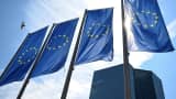 EU flags flutter in front of European Central Bank (ECB) headquarters in Frankfurt, Germany July 18, 2024. 