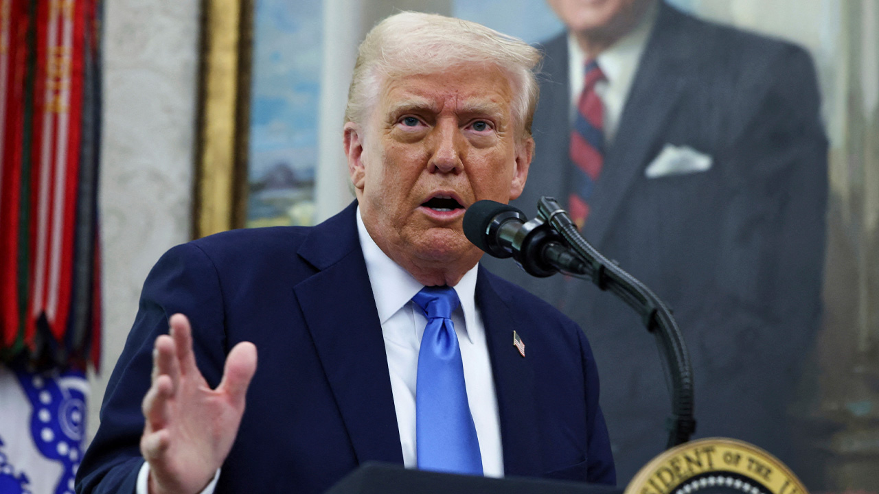 President Donald Trump speaks during a swearing in ceremony for Alina Habba as interim US Attorney General for New Jersey, in the Oval Office of the White House, March 28, 2025.