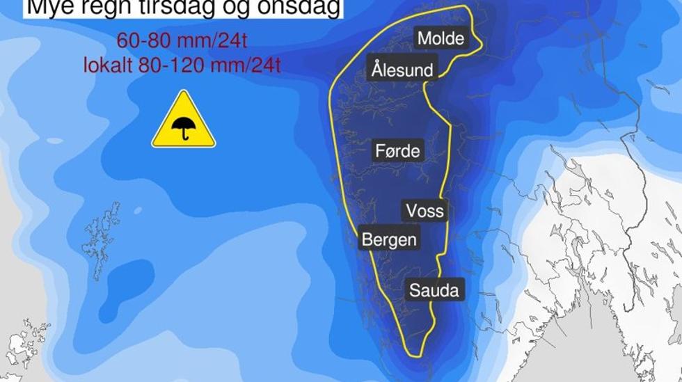 Flere farevarsler om nedbør og skred på Vestlandet – kan komme opp mot 200 millimeter