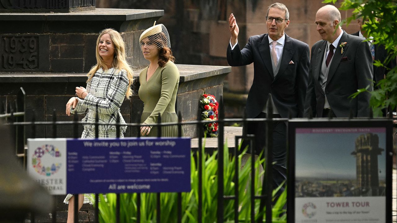 Gorgeous in green: Princess Eugenie is stunning as she joins guests in Cheshire for the Westminster wedding