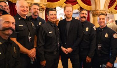 Prince Harry meets heroes who battled the LA wildfires including firefighters, police & paramedics